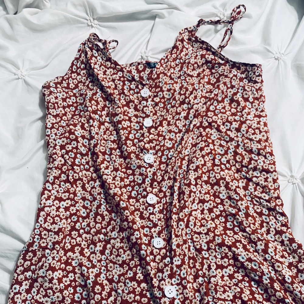 Tan & light blue flower summer dress with buttons